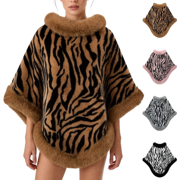Fewfanhot Faux Fur Trim Animal Print Poncho Cape, Thick Warm Fleece Lined Wrap Shrug Coat for Women Fall Winter