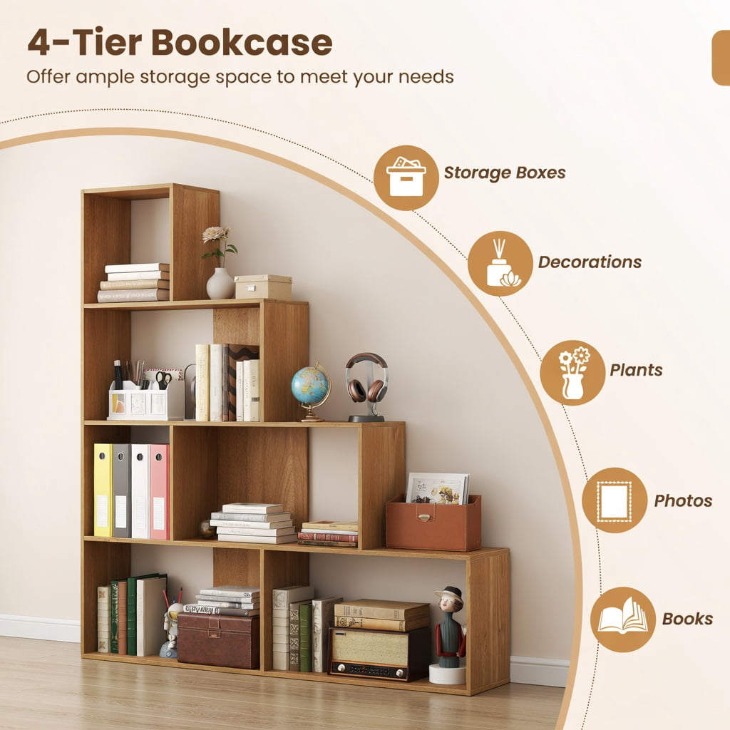 GVN Bookcases,6 Cubes Ladder Shelf Corner Bookshelf Storage Bookcase-Natural