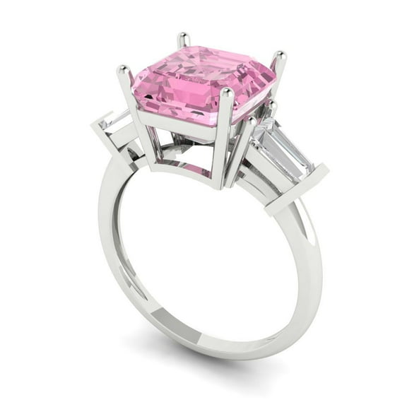 3.5ct asscher cut pink Zircon 14k white gold 3 stone Bridal Wedding Engagement Promise Anniversary Ring for Women size 9.25