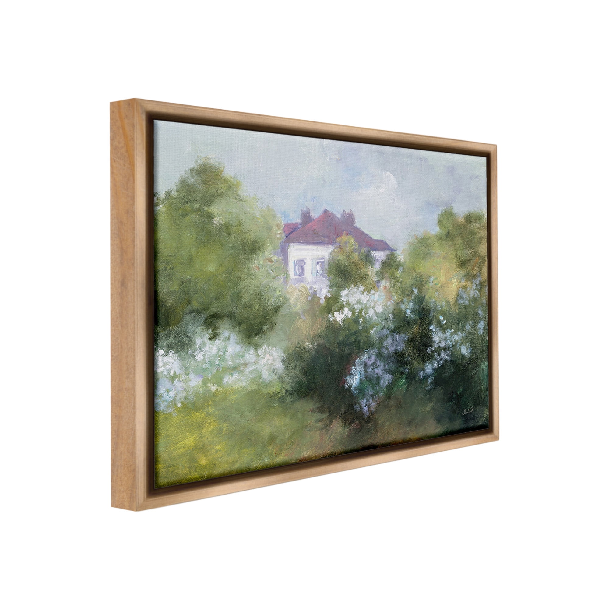 Stupell Industries Garden Cottage Villa Landscape Painting Brown Floater Framed Canvas Art Print Wall Art, 21 x 17