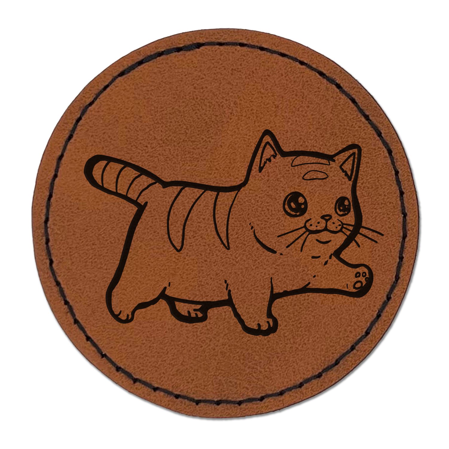 Cute Chubby Munchkin Cat Walking with Conviction 2.5" Faux Leather Round Engraved Iron-On Patch - Brown