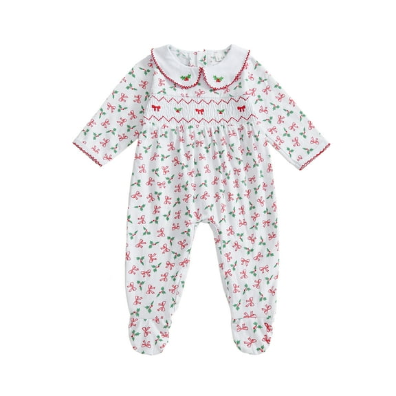 BemeyourBBs Baby Girl Christmas Footie Romper Print Long Sleeve Infant Jumpsuit