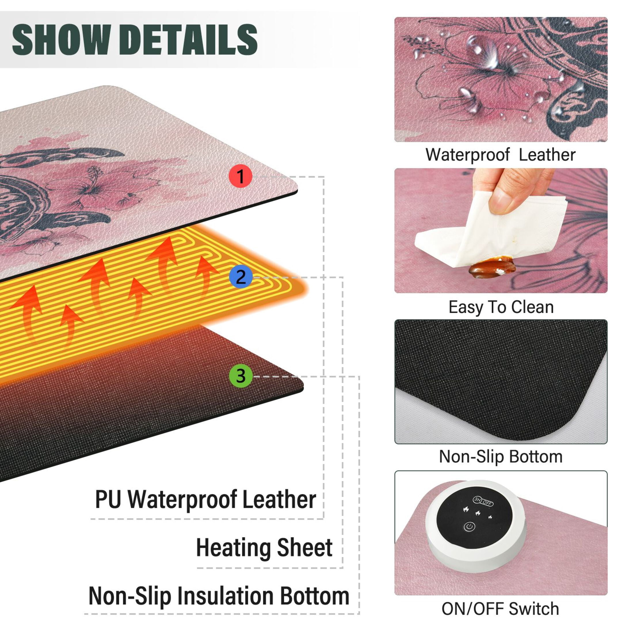 Large Heated Desk Mat Mouse Pad 31.5"x13"PU Leather Graphene Heating Desk Warmer with 3 Temperature Settings 110V US Plug Non-Slip Warm Pad for Home, Office, and Gaming Sea Turtle Print Pattern
