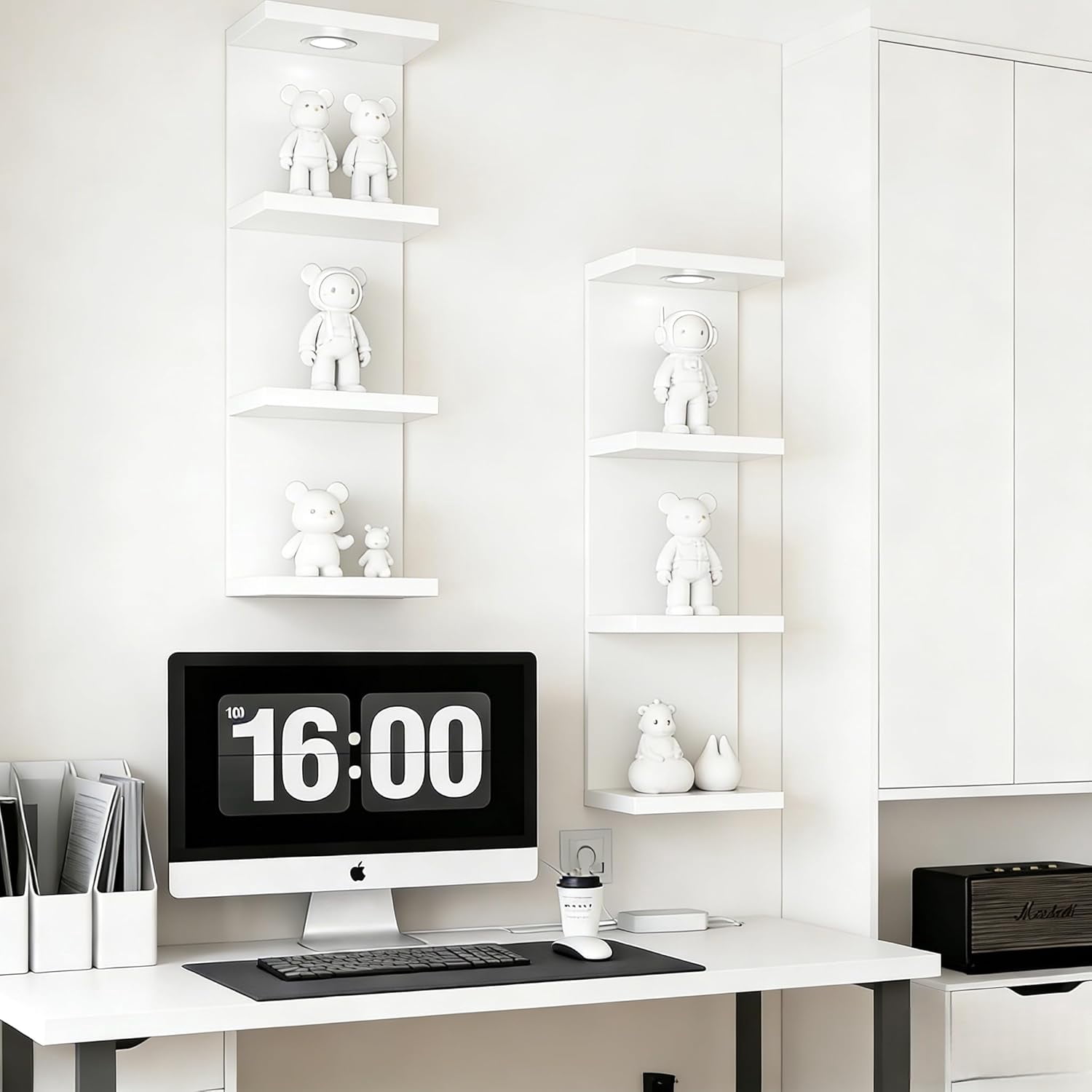 4 Tier Wall Shelf Unit White Floating Shelves with LED Lights, Versatile Organizer for Home Decor Books