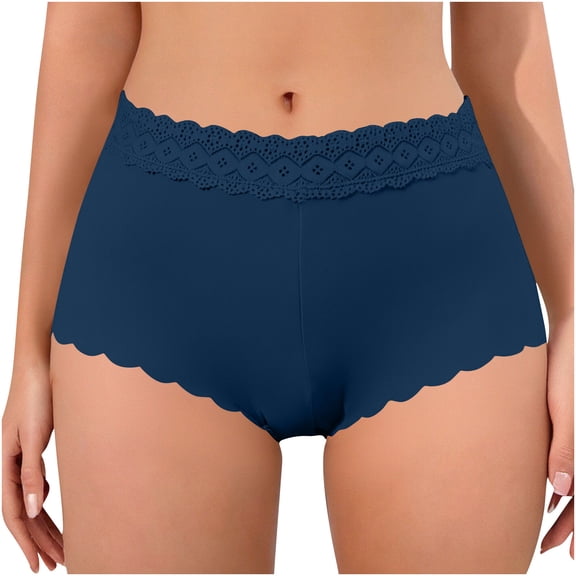 Kvture Women Seamless Boyshorts Lace Trim High Waisted Soft Boxer Shorts Stretch No Show Brief Breathable Cheeky Underwear Navy S