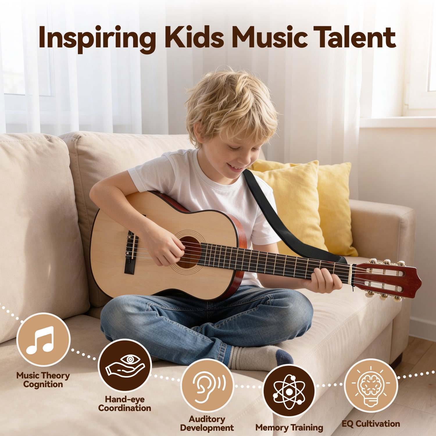 FUJILI 30 Inch Kids Acoustic Guitar Beginner Set with Strap & Picks, Classical Wooden Guitar for Kids Ages 5-12, Junior Starter Guitar Toy for Learning Music, Starter Acoustic Guitar Kit for 8-10
