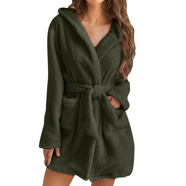 WZXFASHION Robe de Pyjama en Peluche pour Femmes, Couleur Unie, Manches Longues, à Capuche, avec Poches, Longueur Genou, Courte, Tenue d'Intérieur, Peignoir WomenRobes Vert1 m