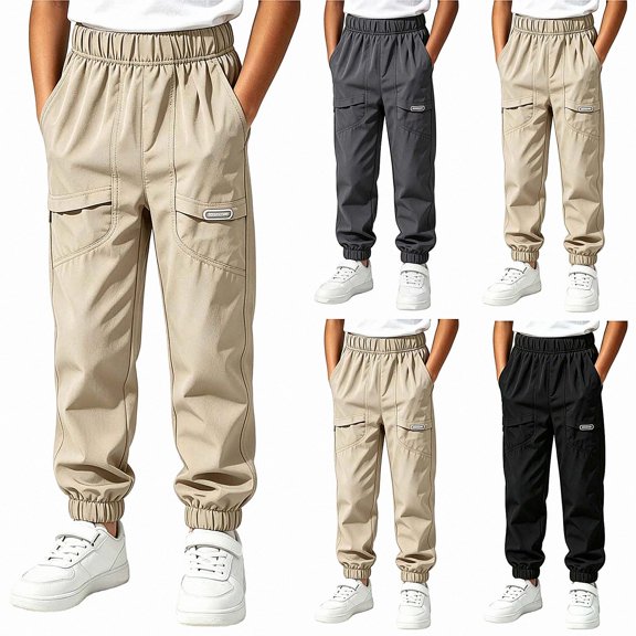 SGFCWSX Boys Jogger Cargo Pants, Elastic Waist Lightweight Trousers with Multi Pockets for Outdoor Playwear Outfits Khaki Size 10