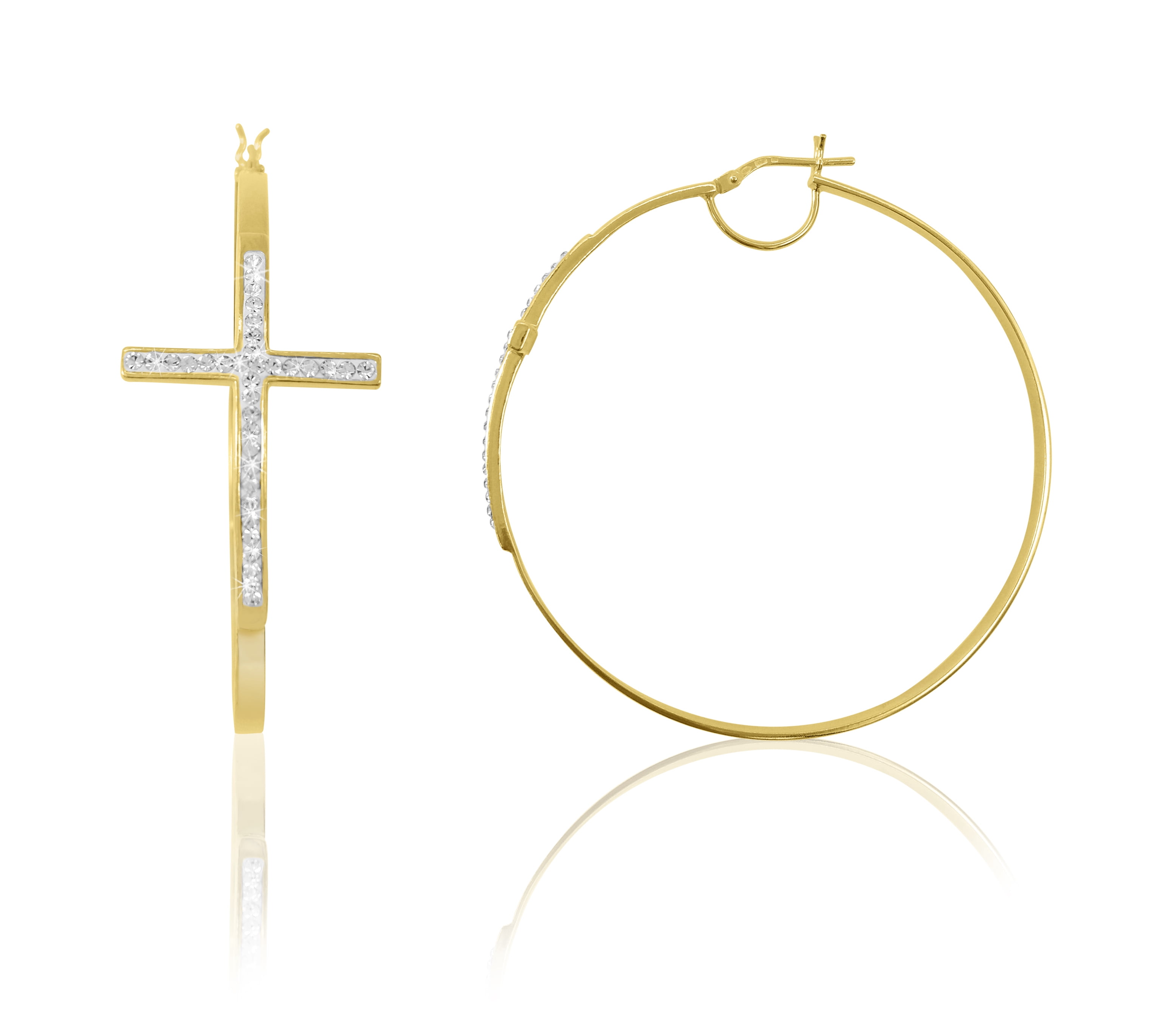Brilliance Fine Jewelry Women's 14K Gold Plated Sterling Silver Crystal Cross Round Hoop Adults Earring