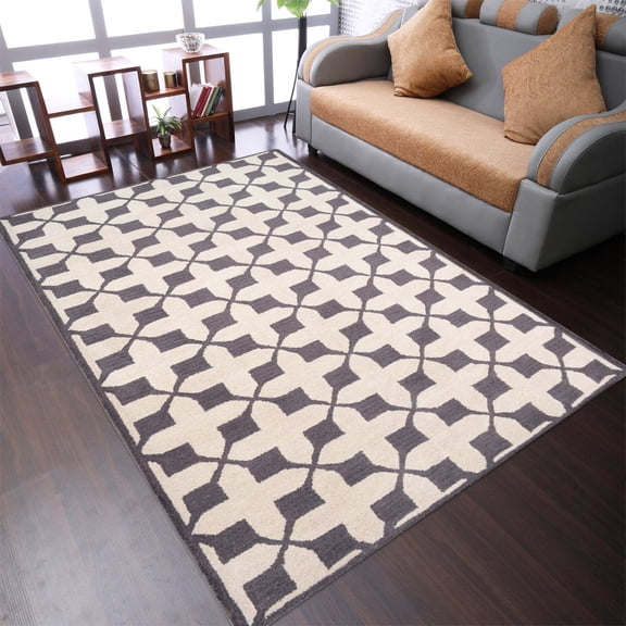 Rugsotic Carpets Hand Tufted Wool Eco-Friendly 5'x8' Area Rugs Rectangle Beige Black Geometric Modern High Pile Thick Handmade Anti Skid Indoor Rug for Living Room, Bedroom K00301