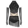 thumbnail image 1 of Aiihoo Robe de Danse Latine à Franges pour Femmes Jazz Tango Rumba Justaucorps de Gymnastique avec Gants Noir S, 1 of 7