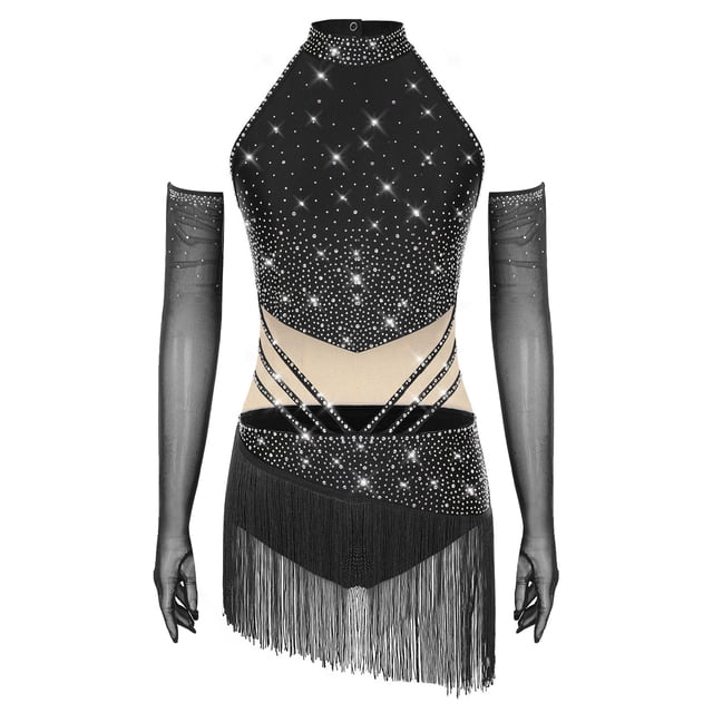 Aiihoo Robe de Danse Latine à Franges pour Femmes Jazz Tango Rumba Justaucorps de Gymnastique avec Gants Noir S