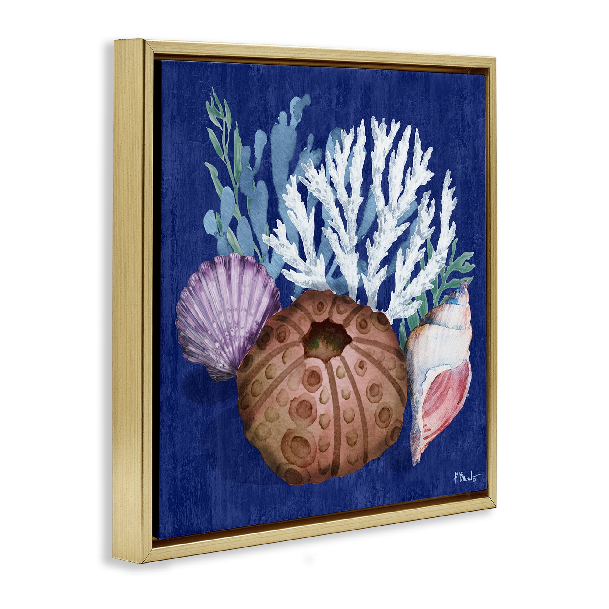 Stupell Industries Urchin & Coral Still Life Coastal Painting Gold Floater Framed Canvas Art Print Wall Art, 18 x 18