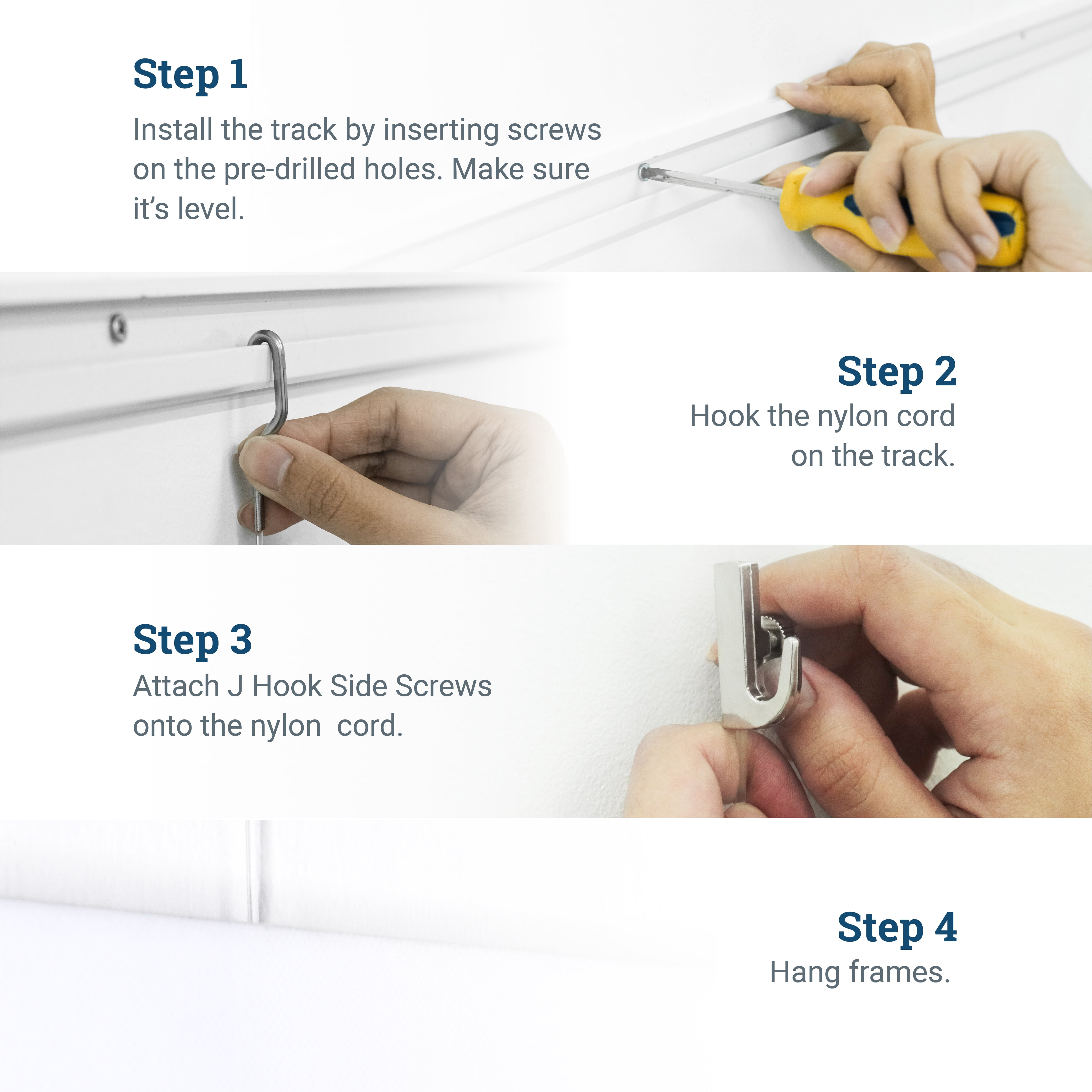 Picture Hang Solutions - Track 101 Picture Rail Kit - Includes 79-inch Wall Track, Nylon Cords, Adjustable Hooks, and Hardware - Gallery Hanging Systems (1 set per pack)