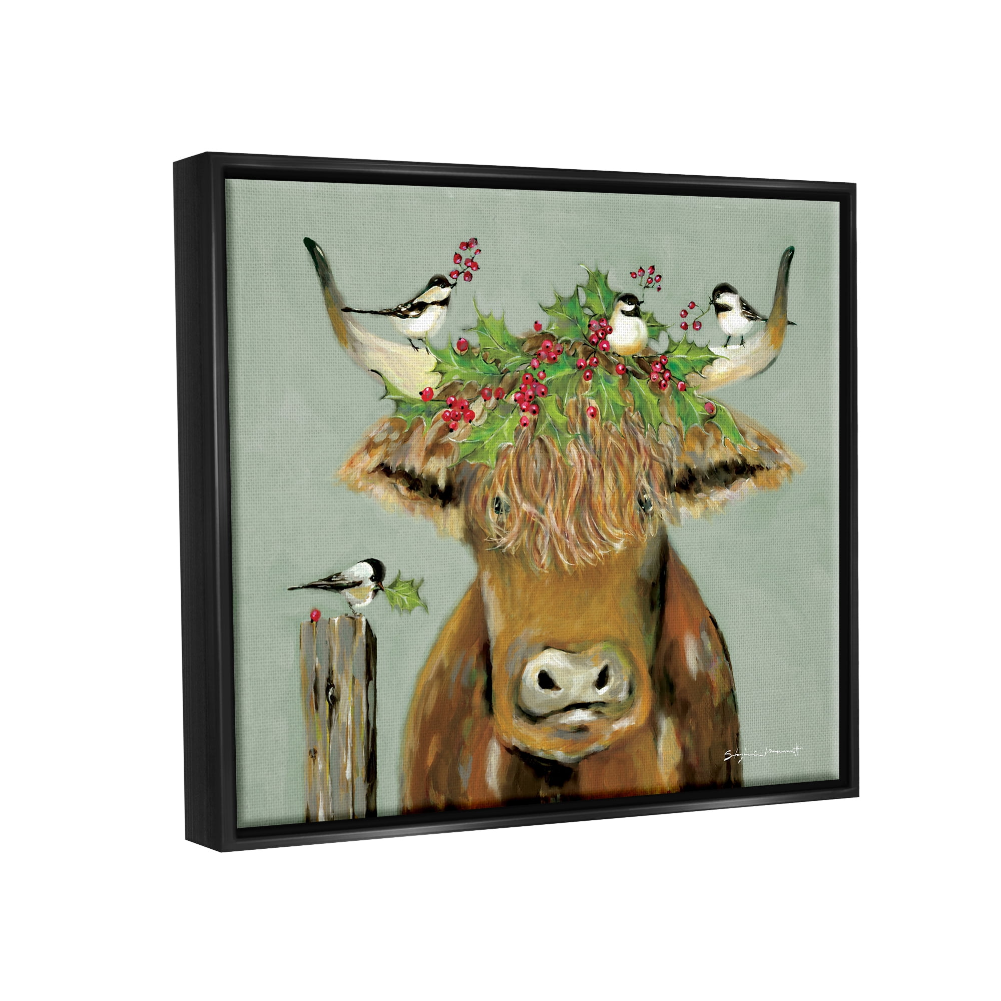 Stupell Industries Cattle & Birds Holiday Holly Holiday Painting Black Floater Framed Art Print Wall Art