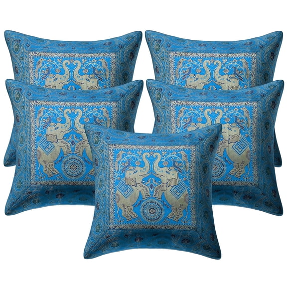 Stylo Culture Indian Decorative Throw Pillow Covers 16 x 16 Jacquard Turquoise Square 40x40 cm Home Decor Brocade Elephant Floral Zippered Cushion Covers | Set Of 5
