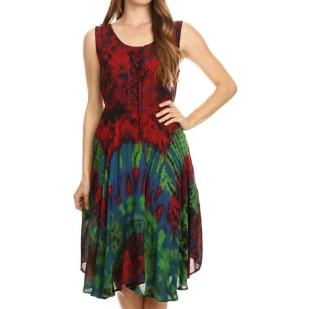 Sakkas Mathilde Marble Tie-dye Sleeveless Tank Dress Tiered and Corset - Red - L/XL