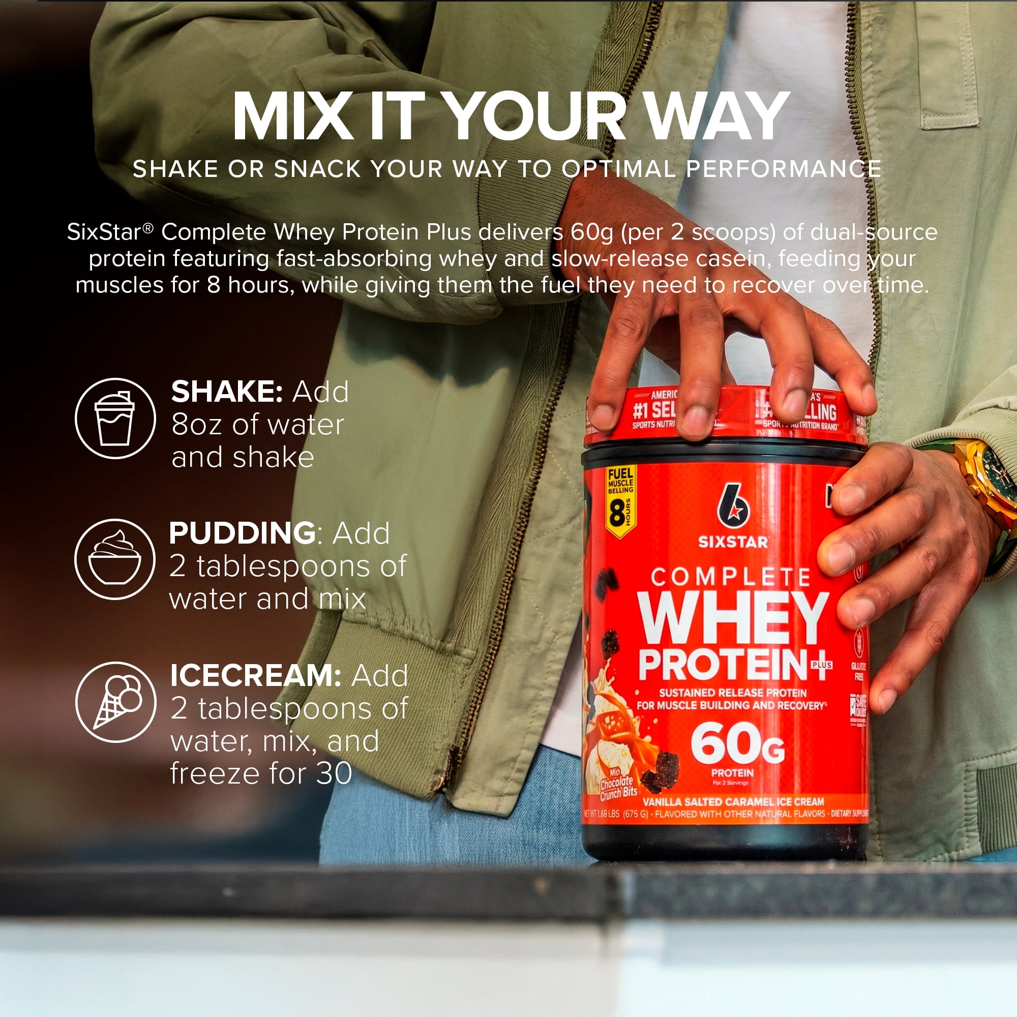 Six Star Pro Nutrition Complete Whey Protein Plus Powder, Vanilla Salted Caramel Ice Cream, 17 Servings
