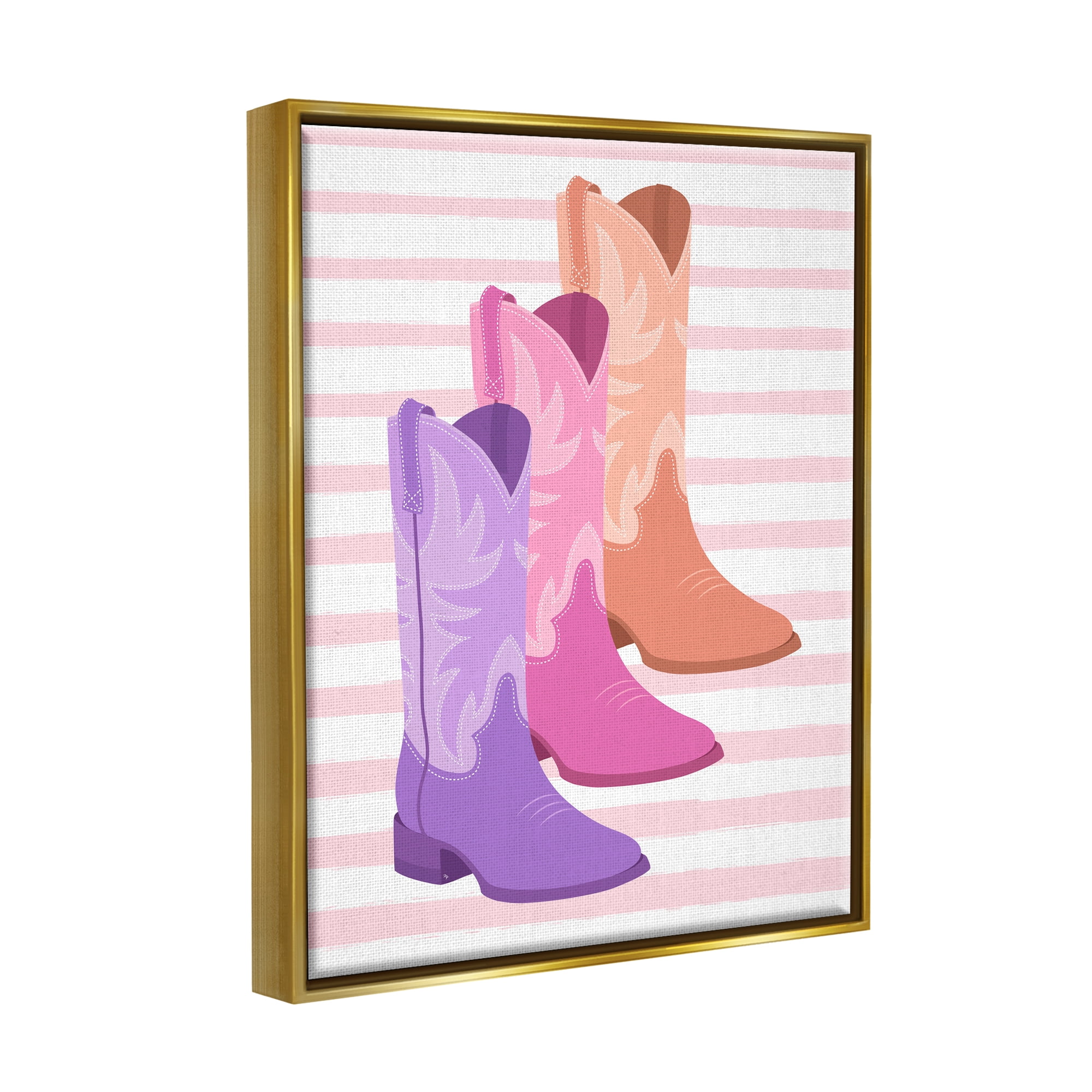 Stupell Industries Striped Pastel Cowgirl Boots Beauty & Fashion Painting Gold Floater Framed Canvas Art Print Wall Art, 17 x 21