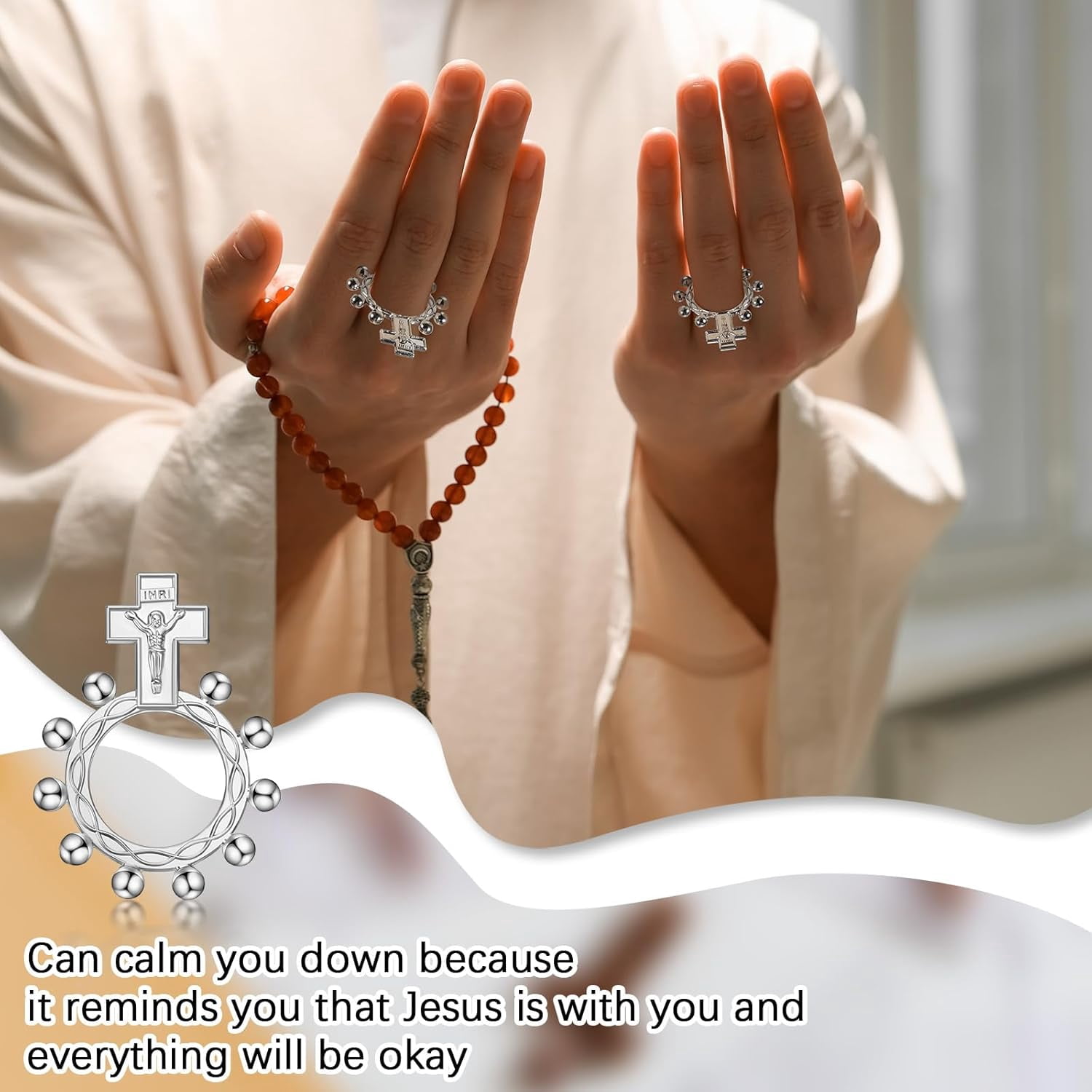 Religious Finger Rosary Rings Bulk for First Communion Favors Small Pocket Cross Prayer Catholic Rings with Organza Bags for Guests Baptism Favors Easter Christening Church