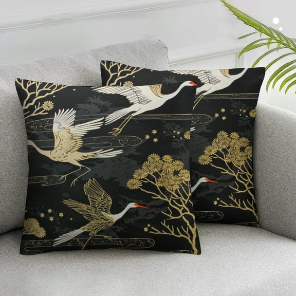 Acheng Black Oriental Throw Pillow Covers Set of 2 Decorative Birds Crane Pillow Cases Asian Japanese Couch Cushion Covers Home Decor for Sofa Bedroom Living Room White
