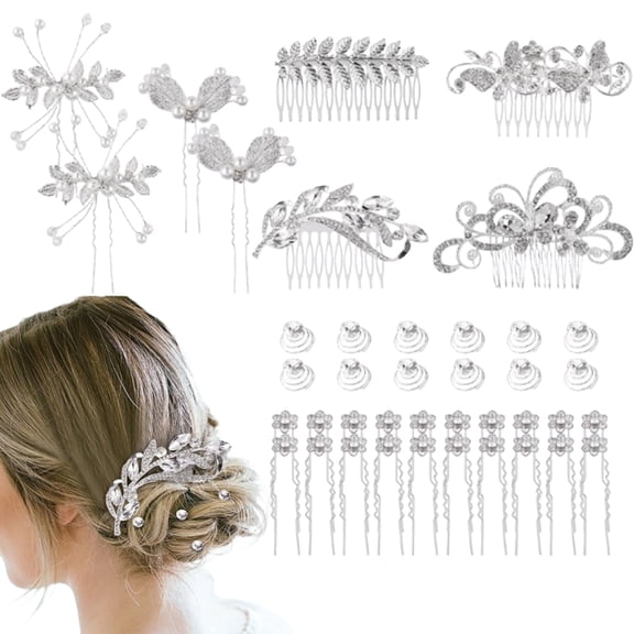 40PCS Shining Rhinestone Floral Hair Clips Set, U-Shaped & Twist Pins with Butterfly Leaf Design, Alloy Bridal Wedding Hair Accessories for Women Girls Bridesmaids