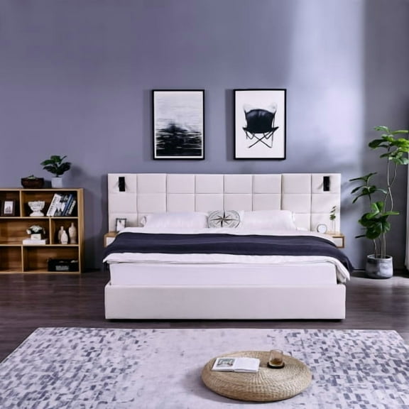 King Size Storage Bed with Hydraulic Lift, Velvet Upholstered Platform Bed with 2 Shelves, USB Charging Ports and Reading Lamps,Beige