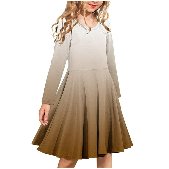 Zwiiyzr Robes pour Filles Patineuse Tournoyante Extensible Ligne A Tout-Petit Couleur Dégradée Robe Longueur Genou Brun