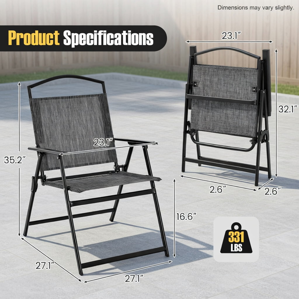 Hommoo 4-Pack Folding Patio Chairs, Heavy-Duty Steel Frame, Breathable Fabric Seats, Easy-Fold for Backyard, Poolside & Garden Use, Gray