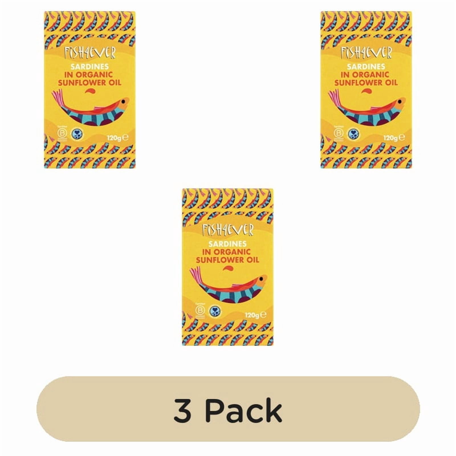 Fish 4 Ever Whole Sardines in Organic Sunflower Oil 120g, British Import (Pack of 3)