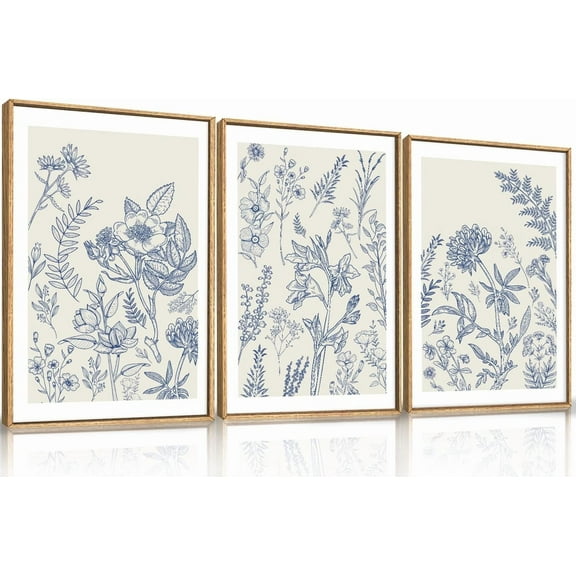Classic Chinoiserie Floral Framed Canvas Wall Art Set,Watercolor Blue and White Botanical Flowers Wall Decor,Navy Blue Minimalist Wildflower Art Print for Living Room,Bedroom,Office-16 x24 x3