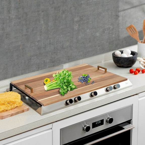 Noodle Board Stove Cover 29 x 21 Inch, Wooden with Iron Handles, Suitable for Gas & Electric Hobs, Ovens & Sinks, Brown