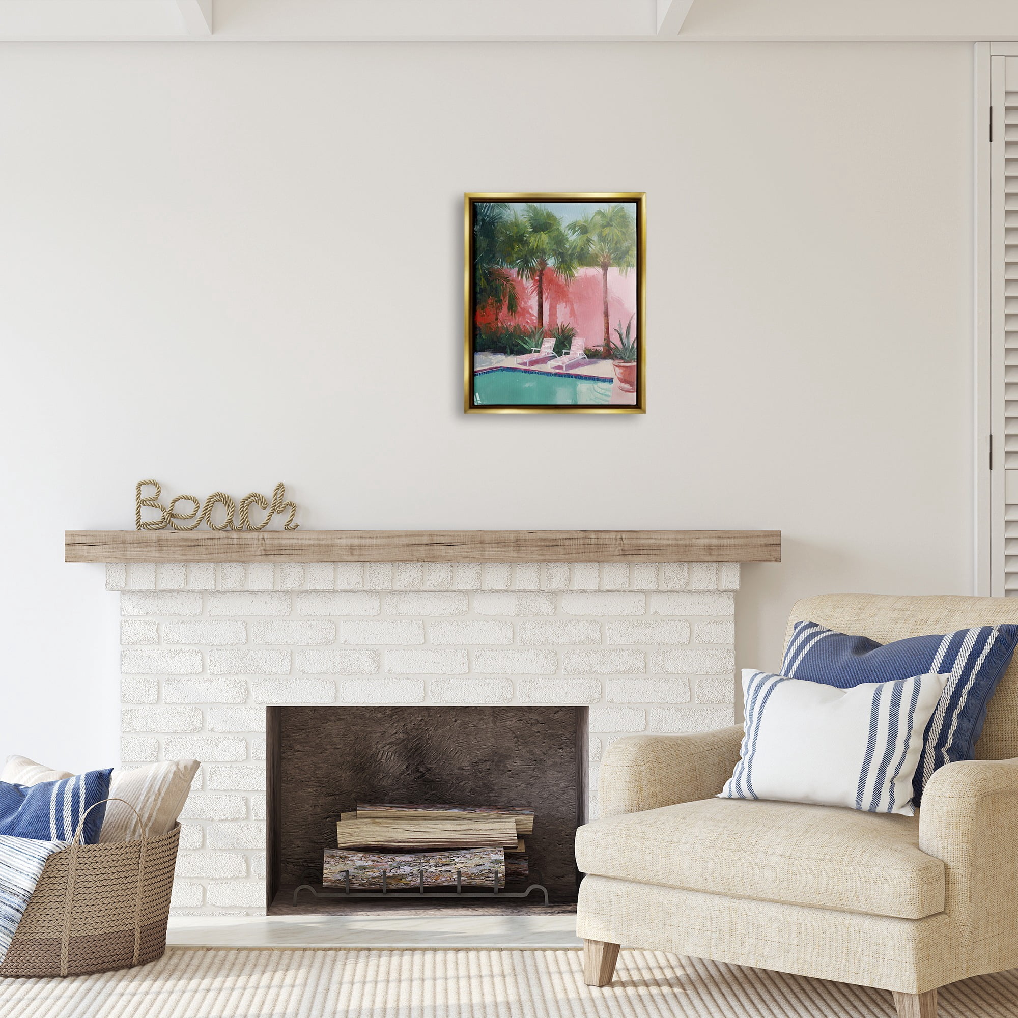 Stupell Industries Tropical Summer Pool Botanical & Floral Painting Gold Floater Framed Canvas Art Print Wall Art, 17 x 21