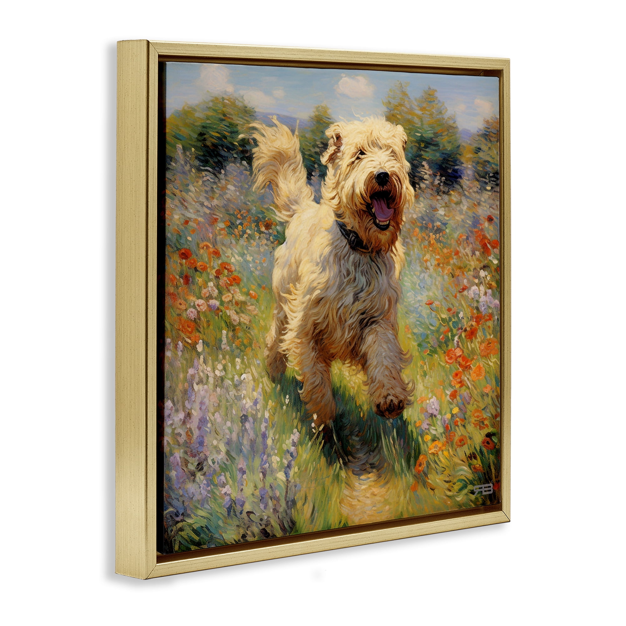 Stupell Industries Happy Running Terrier Dog Animals & Insects Painting Gold Floater Framed Canvas Art Print Wall Art, 18 x 18