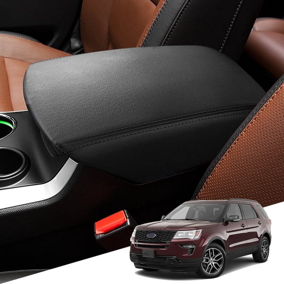KBH Center Console Covers Replacement for Ford Explorer 2011-2019, Black Leather Armrest Lid Cover Skin for Car Interior Accessories