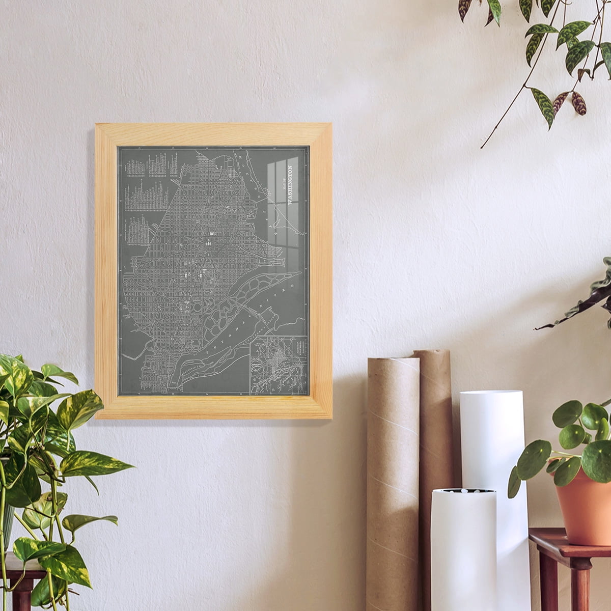 City Map of Washington D.C. -Framed Print w/glass-Natural Wood