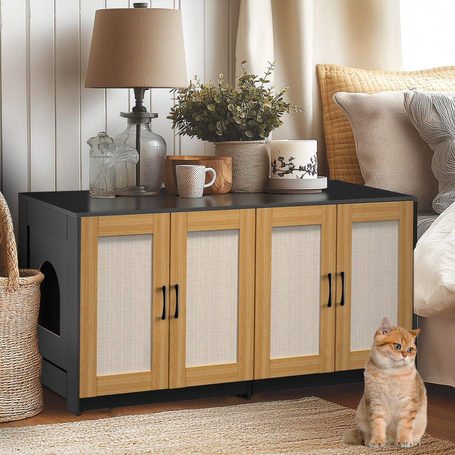 Garvee Litter Box Enclosure for 2 Cats, 47.2" Large Wood Hidden Litter Box Furniture for 2 Boxes with Sisal Doors and Sliding Drawers, Indoor Cat House TV Stand