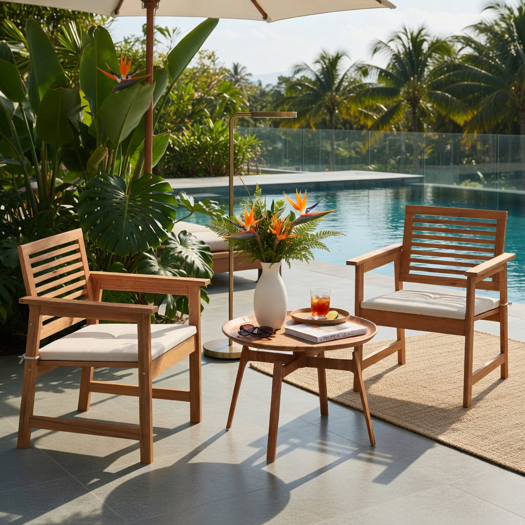 Hommoo 2-Pack Solid Wood Patio Dining Chairs with Off-White Cushions, Breathable Slatted Seat, Ergonomic Design for Backyard, Balcony & Poolside, Natural