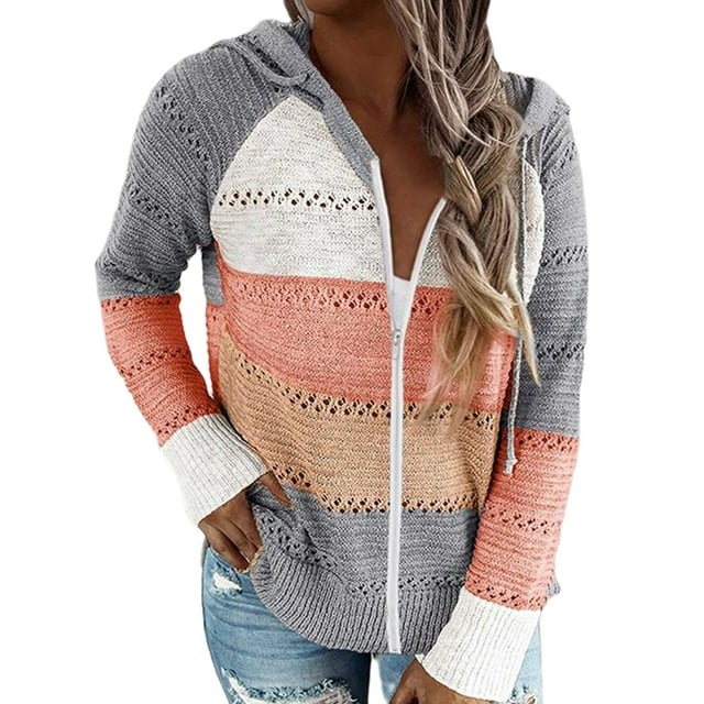Woman Color Block Cardigan, Long Sleeve Drawstring Hoodie Hollow-out Sweater (Pink, Brown, Orange)