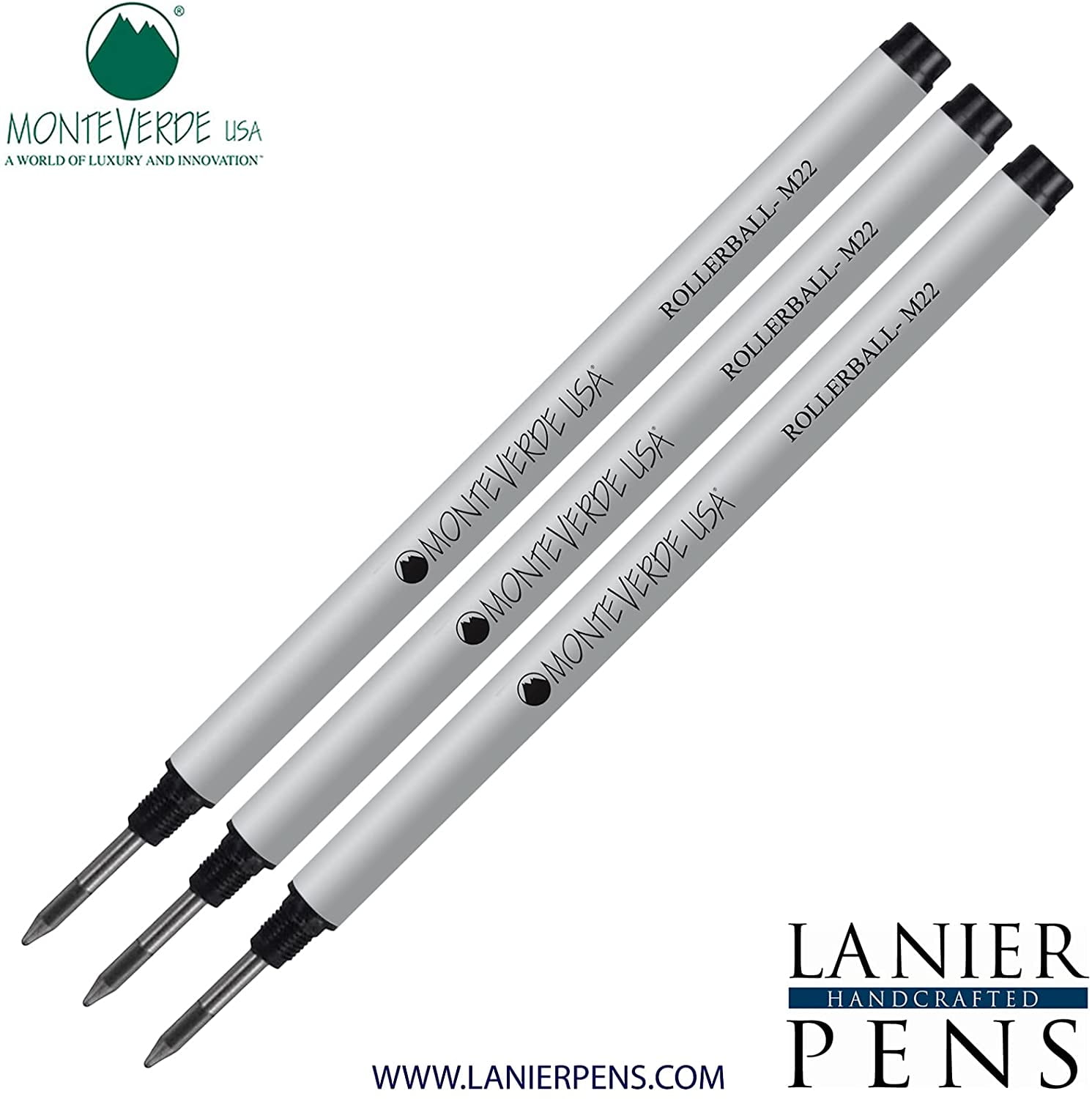 Lanier Combo Pack - 3 Pack - Monteverde Rollerball M22 Paste Ink Refill Compatible with most Montblanc Style Rollerball Pens - Black (Fine Tip 0.6mm)