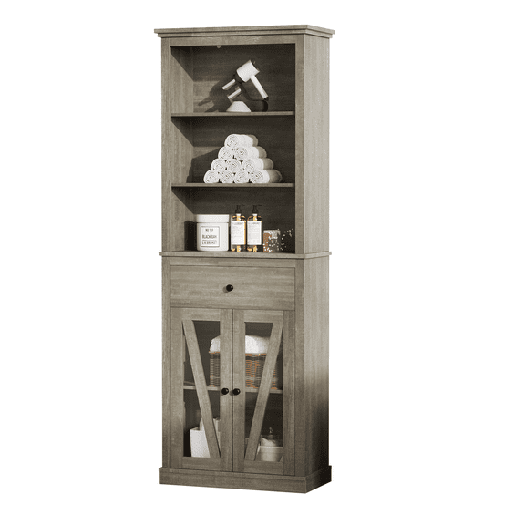 Senfot 66.5'' Farmhouse Tall Storage Cabinet, Multi-Purpose Pantry Organizer,Slim 5-Tier Wooden Bookcase with 2 Glass Doors & Drawer, for Living Room, Kitchen, Entryway, Grey