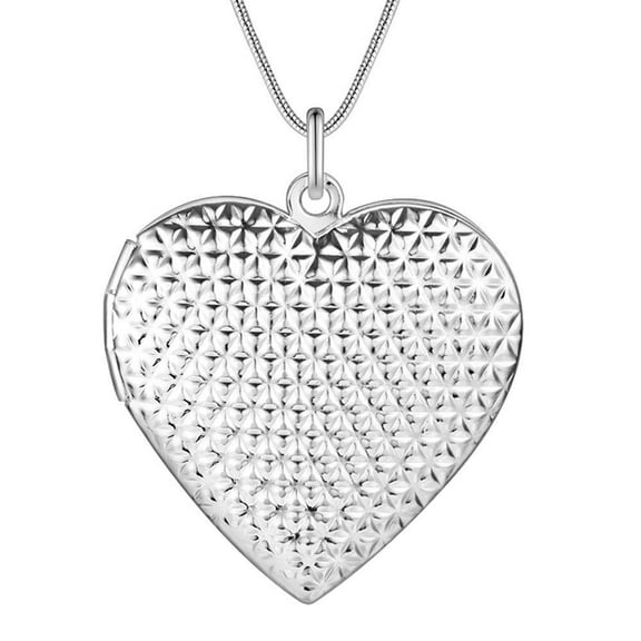 Diamond Cut Design Stamped Silver Heart Locket Necklace Momento Gift for Woman