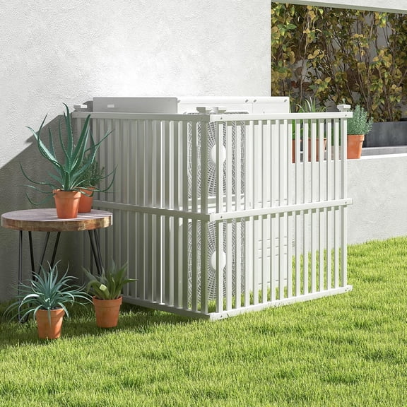 2 Panels Air Conditioner Fence, 45”W x 45”H Garden Fence, Vinyl Trash Can Pool Equipment Enclosure w/Metal Ground Stakes, Outdoor Privacy Fence Screen for Garden Patio Lawn AC Unit, White