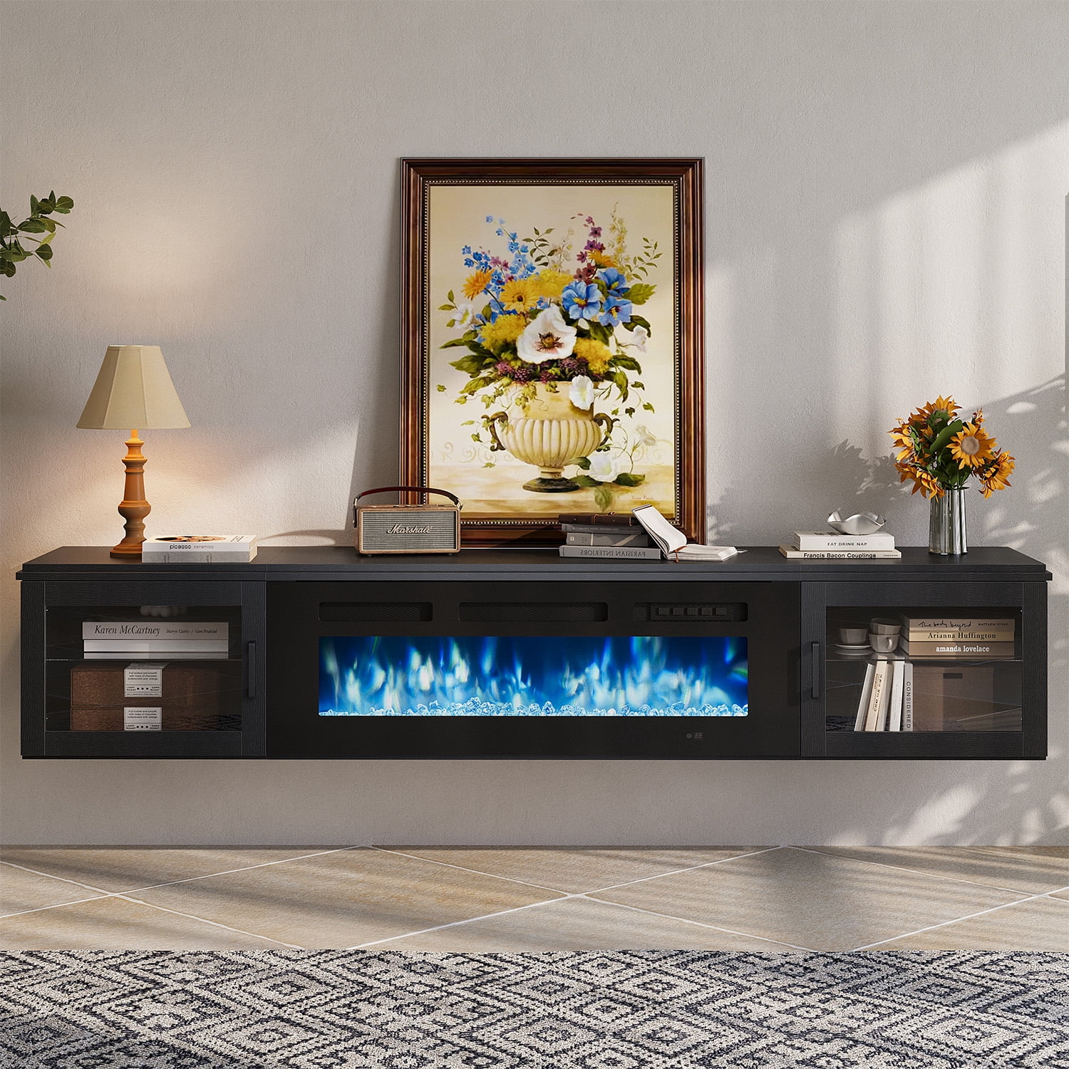Sonegra Floating Fireplace TV Stand for TVs up 80", Wall Mounted Fireplace Entertainment Center, 70" Console Table with Electric Fireplace, Black