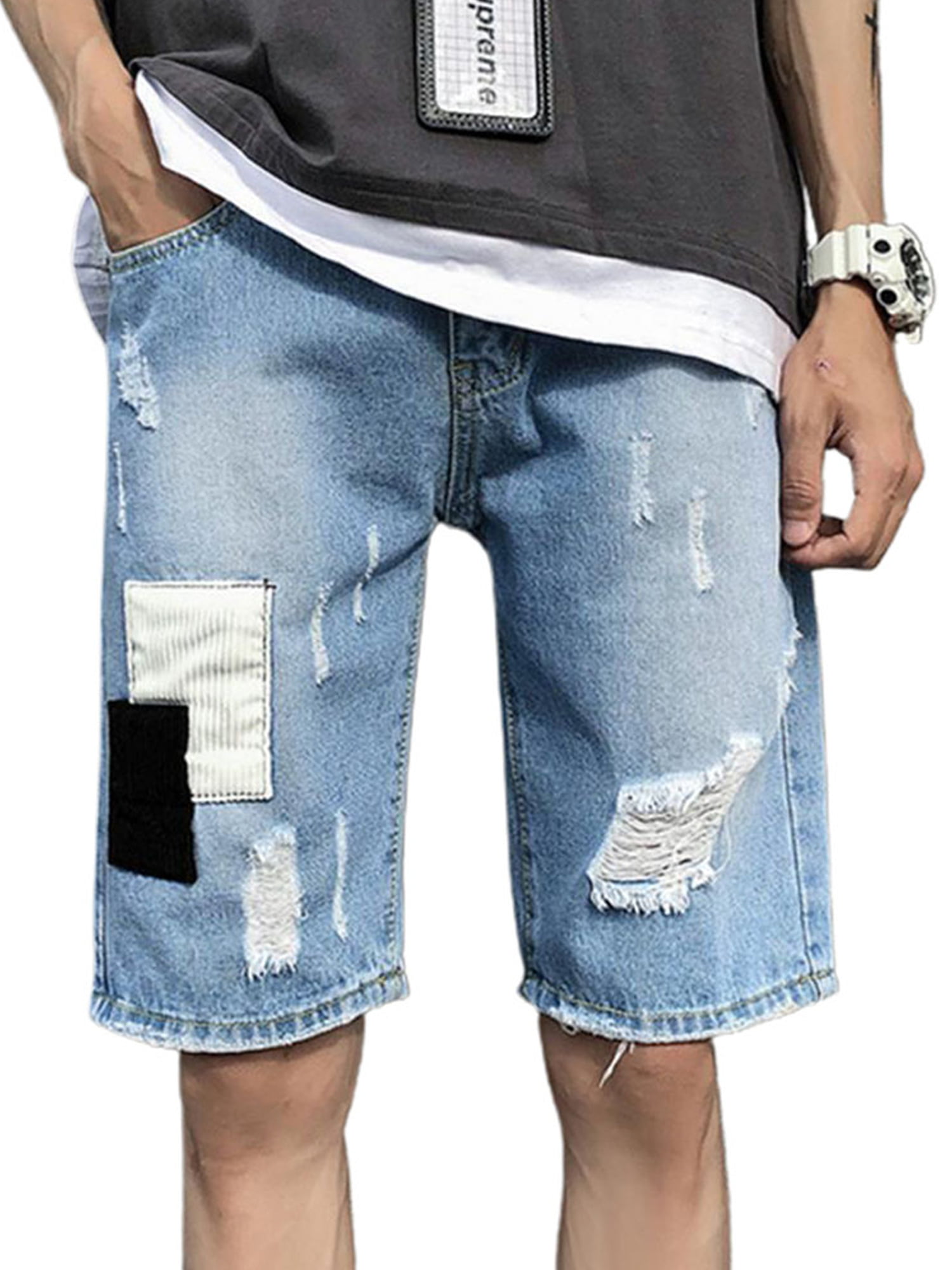 Mens Summer Jeans Denim Shorts Loose Fit Distressed Ripped Half Pants Frayed