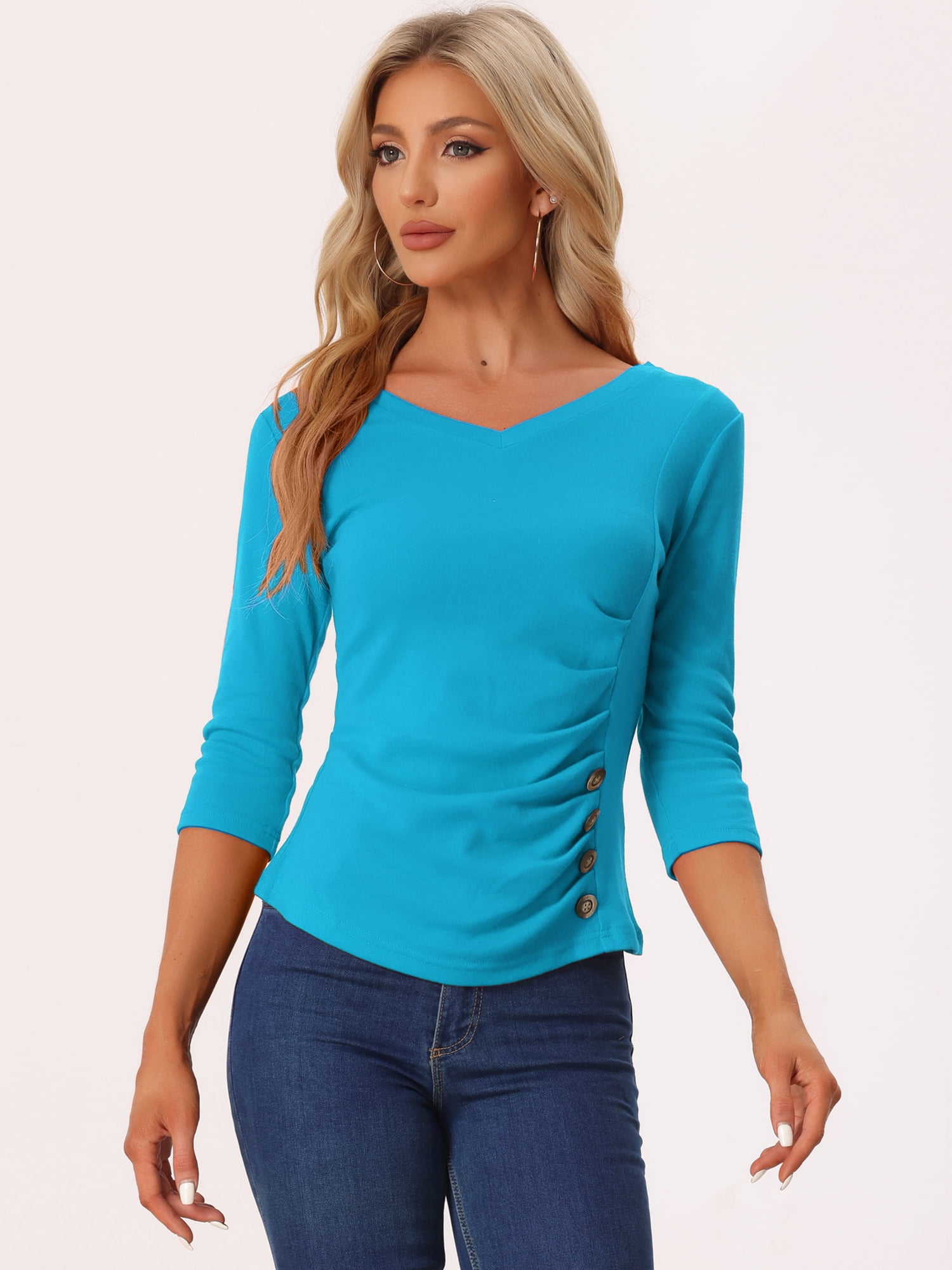 DARING DIVA V Neck Knitted Buttons Decor Ruched Blouse Top L Lake Blue