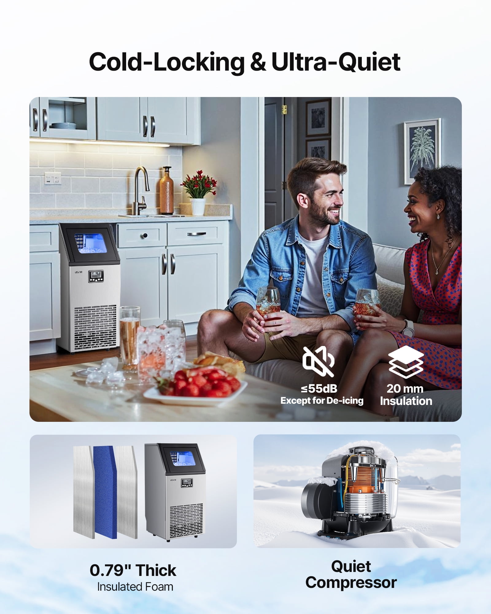 VEVOR Commercial Ice Maker Machine, 100 lbs/24h with 28Lbs Storage, 45 Cubes per Cycle, Stainless Steel Freestanding & Under Counter Ice Maker with LED Display & Self-Cleaning,for Home Bar Restaurant
