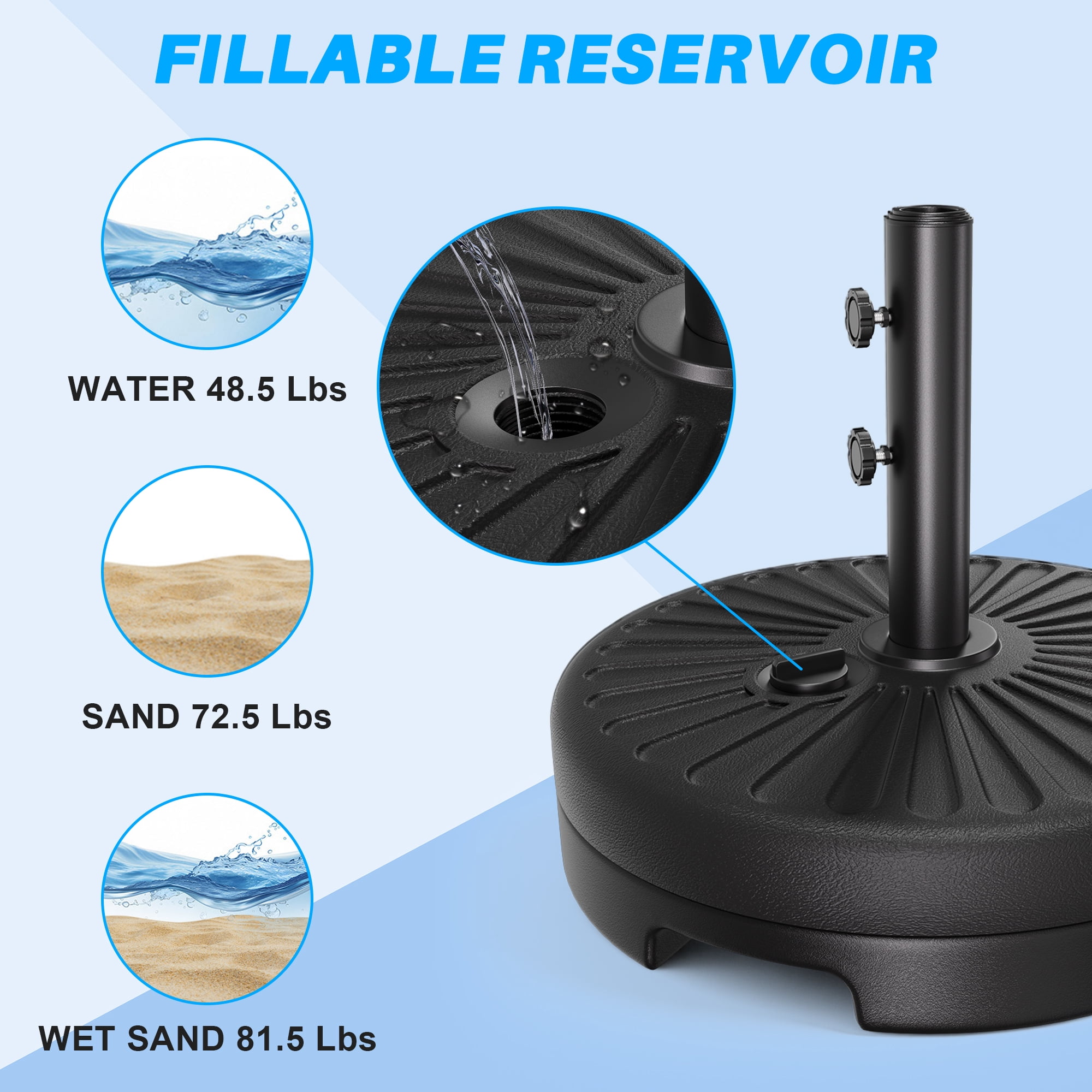 Easthome Heavy Duty Fillable Patio Umbrella Base with Dual-Lock System, Holds up to 81.5 lbs for 7-12FT Market Umbrella, Sand/Water Weighted Stand for Outdoor, Fits 1.5" & 1.9" Pole