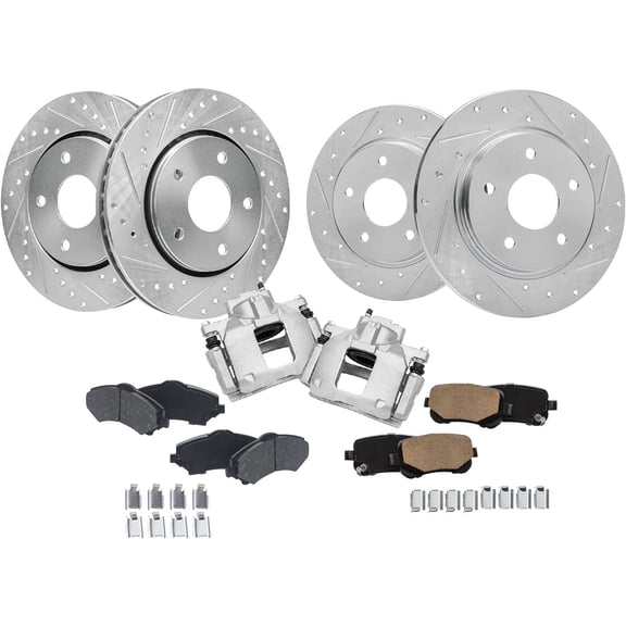 Detroit Axle - Brake Kit for Chrysler Town & Country Dodge Grand Caravan Routan, Drilled Brake Rotors Ceramic Brake Pads Brake Calipers Replacement : 11.89'' inch Front and 12'' inch Rear Rotor