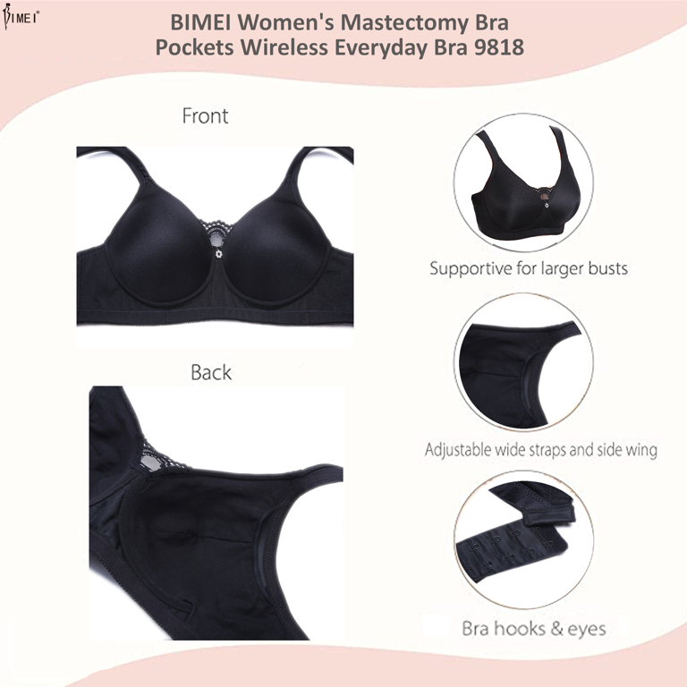 BIMEI Women's Mastectomy Bra Pockets Wireless Post-Surgery Invisible  Pockets for Breast Forms Everyday Bra Plus Size Bra 9818,Black, 34B 